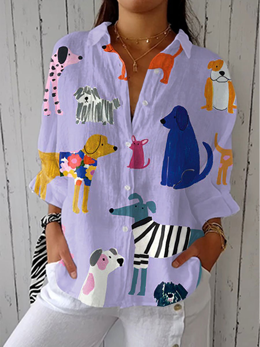 Dame Lilla Hundemønster Skjorte Knap-Front - Multicolor