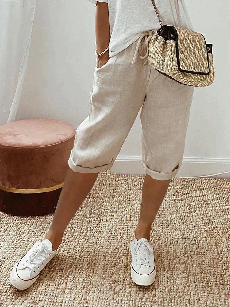 Dame Linen Bermuda Shorts med Snørebånd - Beige
