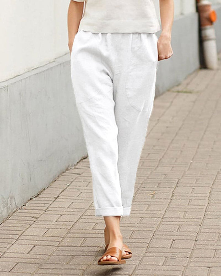 Dame Linen-Bomuld Afslappet Harem Bukser - White