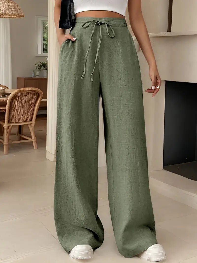 Dame Linen Bukser Højtaljede Wide Leg Casual - Matcha