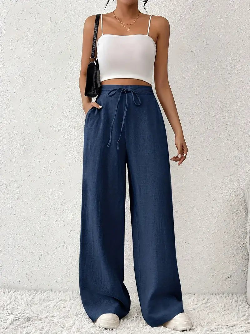 Dame Linen Bukser Højtaljede Wide Leg Casual - Blue