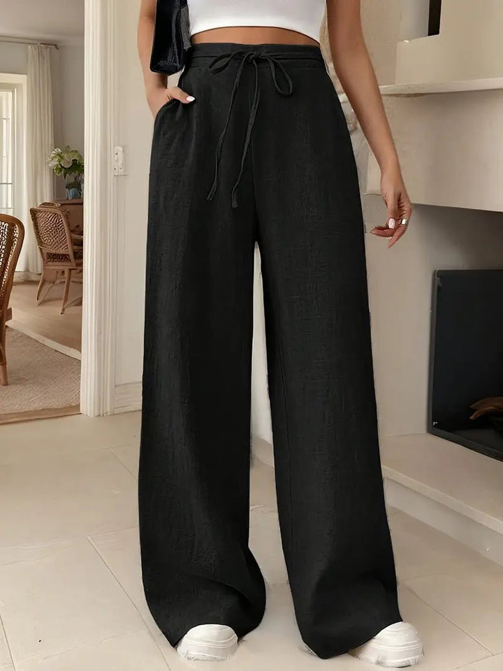 Dame Linen Bukser Højtaljede Wide Leg Casual - Black