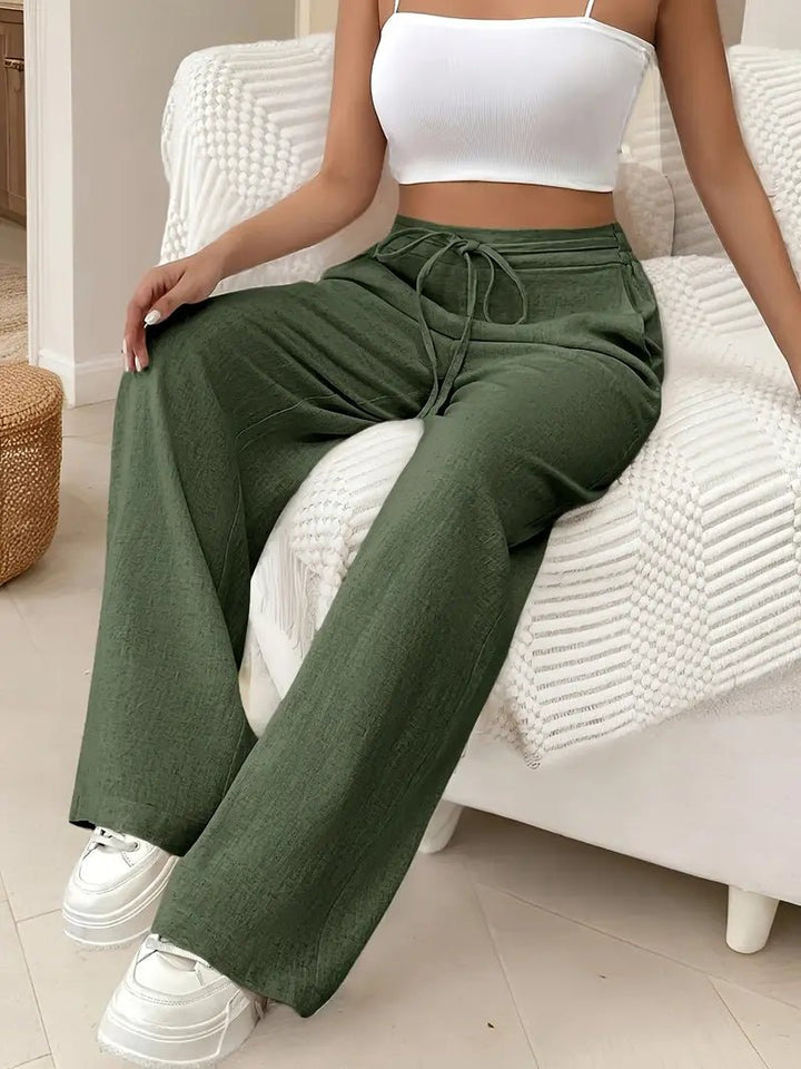 Dame Linen Bukser Højtaljede Wide Leg Casual - Green