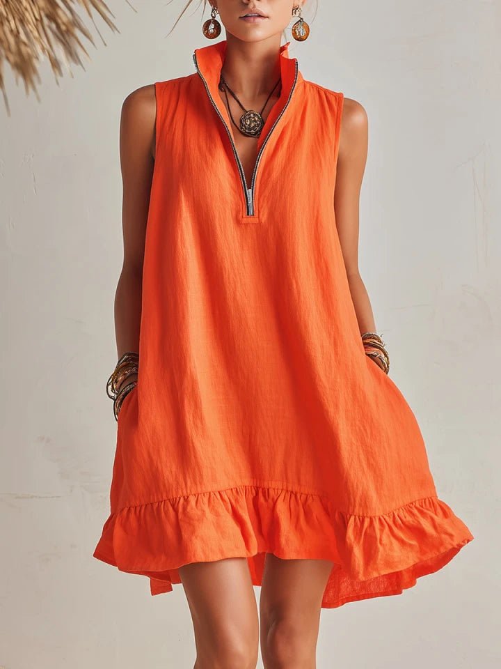 Dame Linen Mini Kjole med Lynlås og Flæser - Orange