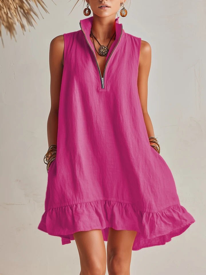 Dame Linen Mini Kjole med Lynlås og Flæser - Magenta