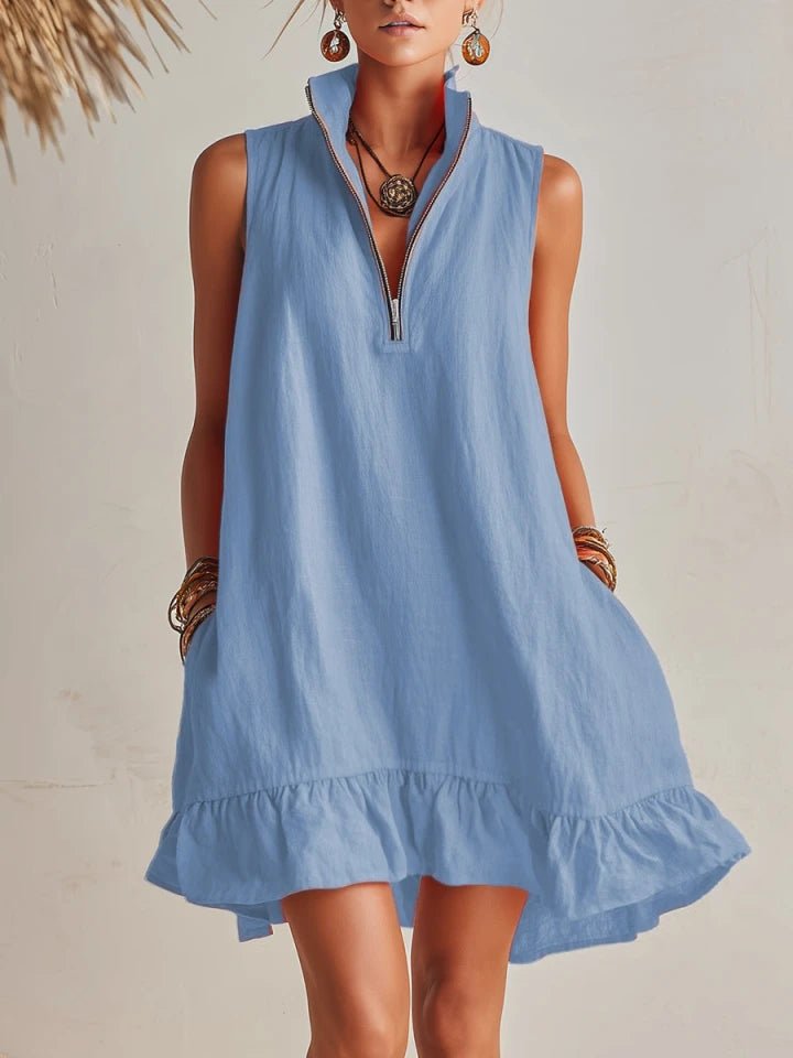 Dame Linen Mini Kjole med Lynlås og Flæser - Blue