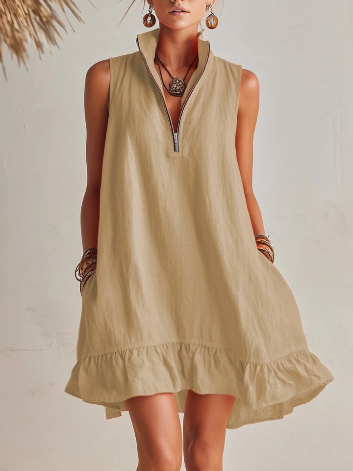 Dame Linen Mini Kjole med Lynlås og Flæser - Light Khaki