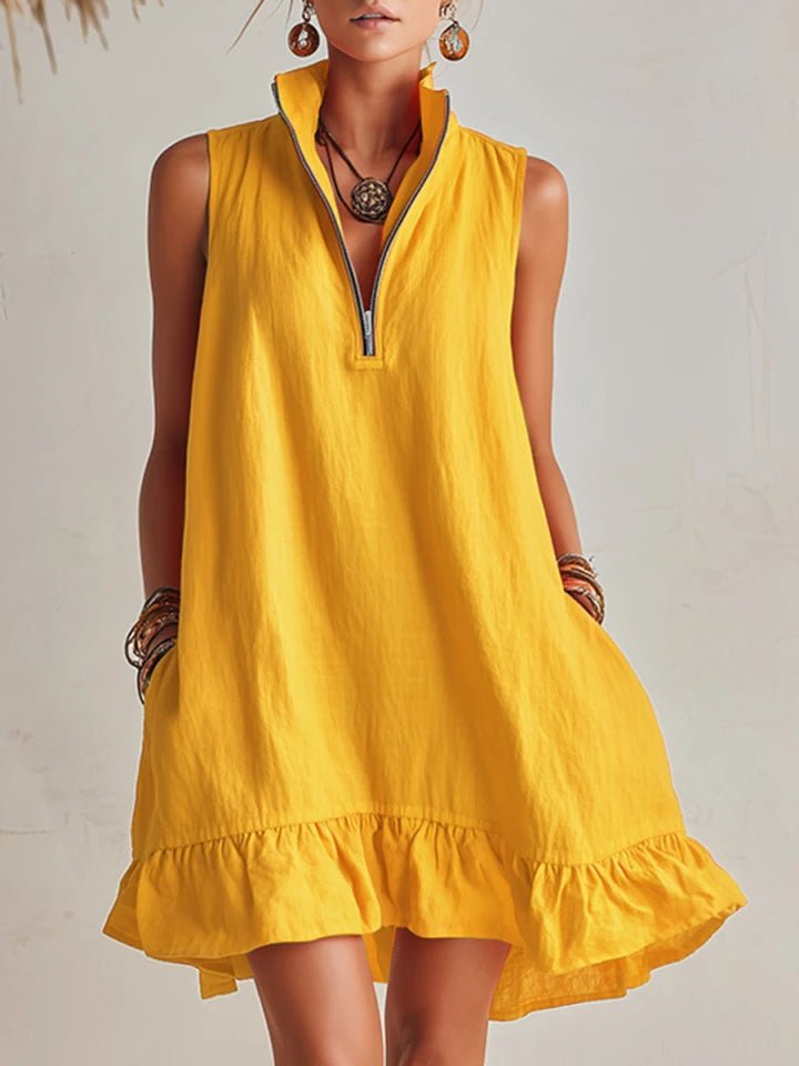Dame Linen Mini Kjole med Lynlås og Flæser - Yellow