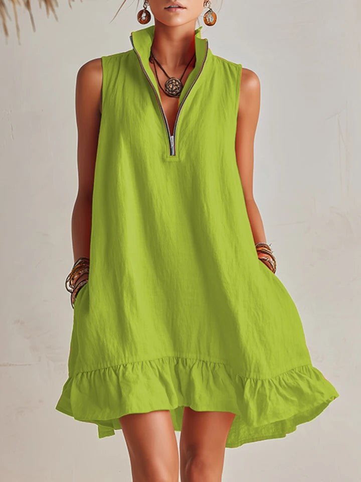Dame Linen Mini Kjole med Lynlås og Flæser - Green