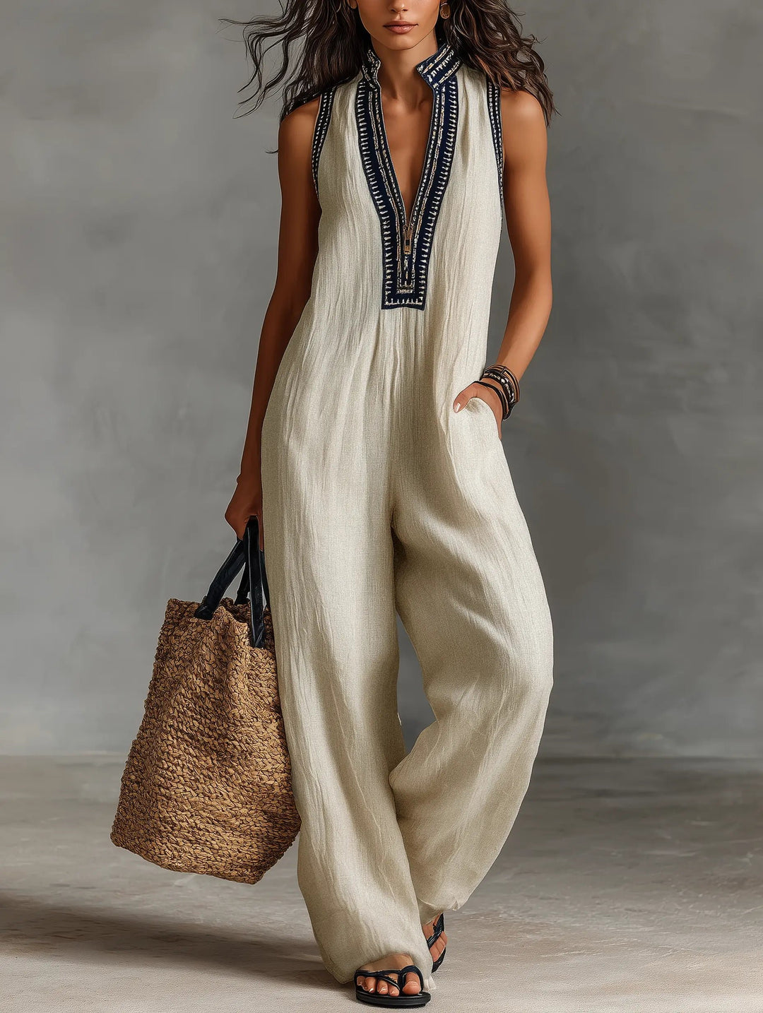 Dame Linen Ærmeløs Broderet Jumpsuit - Photo Color