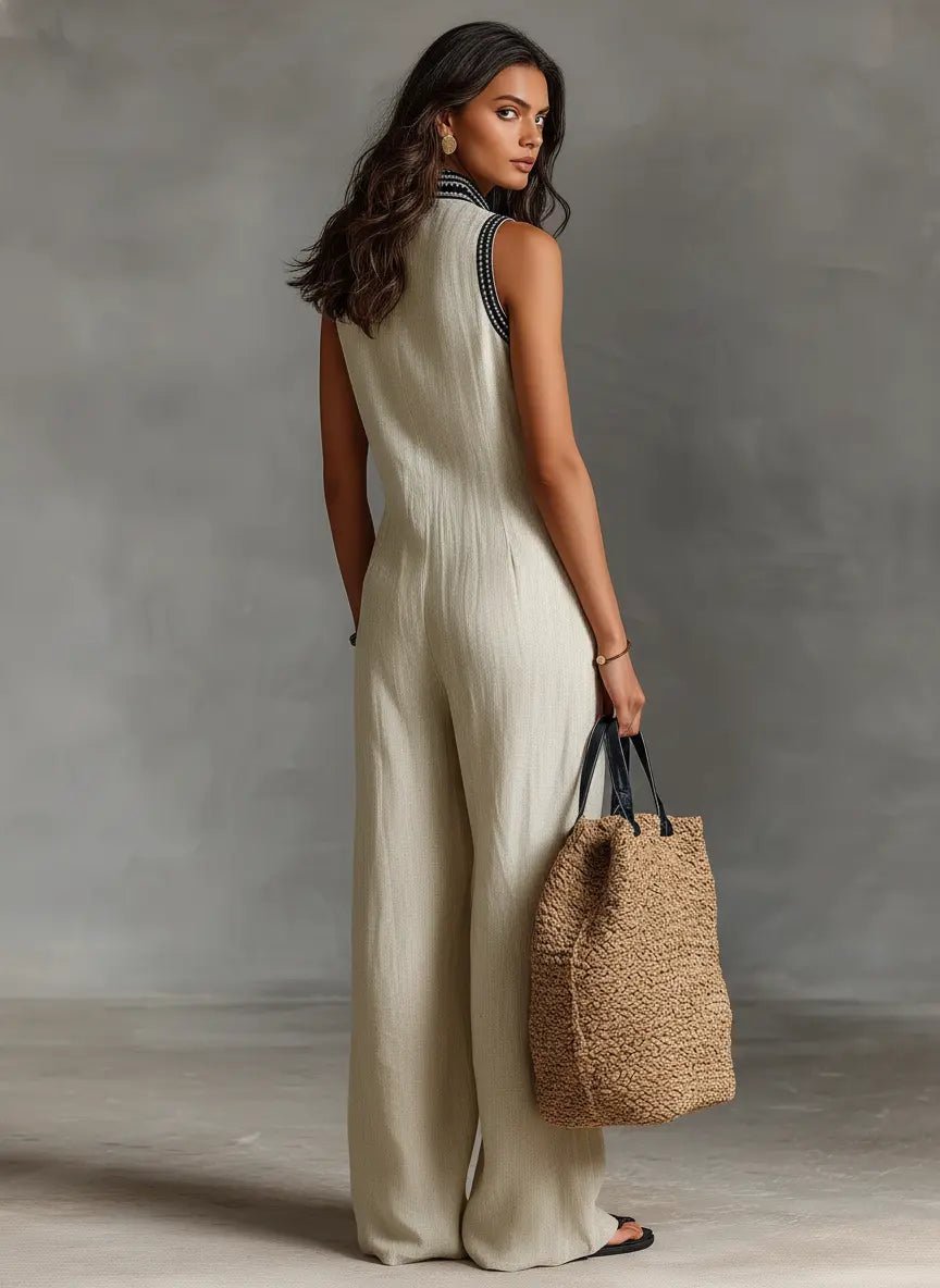 Dame Linen Ærmeløs Broderet Jumpsuit