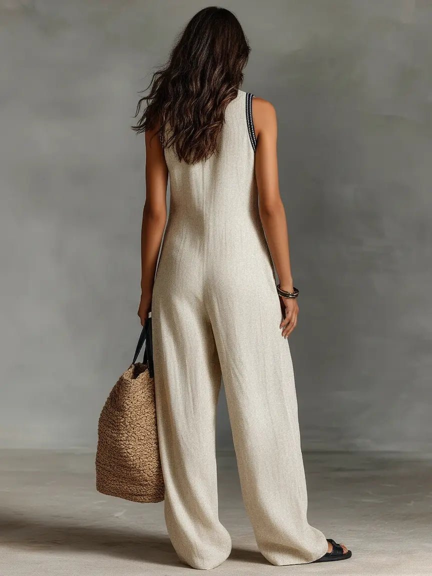 Dame Linen Ærmeløs Broderet Jumpsuit