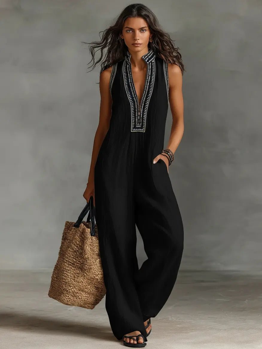 Dame Linen Ærmeløs Broderet Jumpsuit - Black