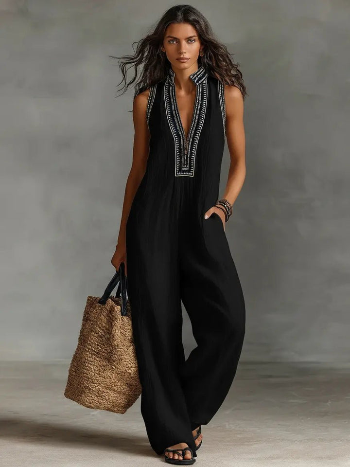 Dame Linen Ærmeløs Broderet Jumpsuit - Black
