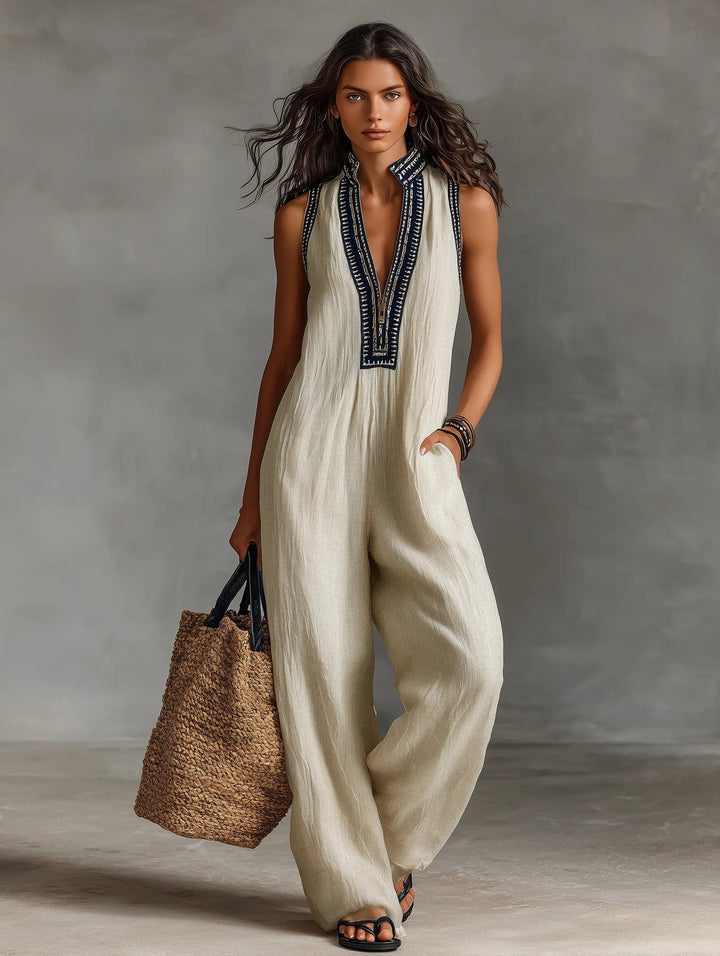 Dame Linen Ærmeløs Broderet Jumpsuit