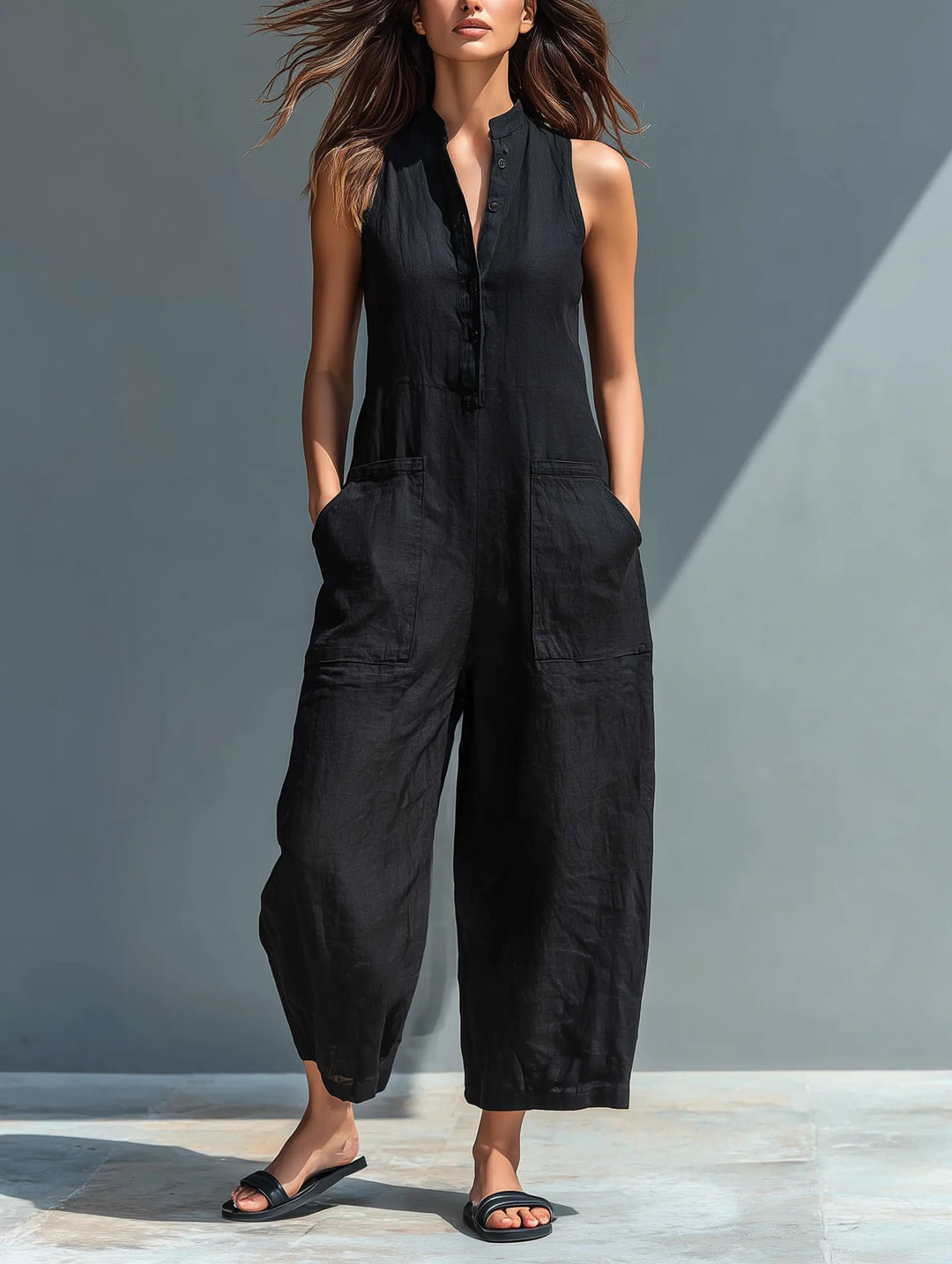Dame Linen Ærmeløs Button-Up Jumpsuit med Stående Krave - Black