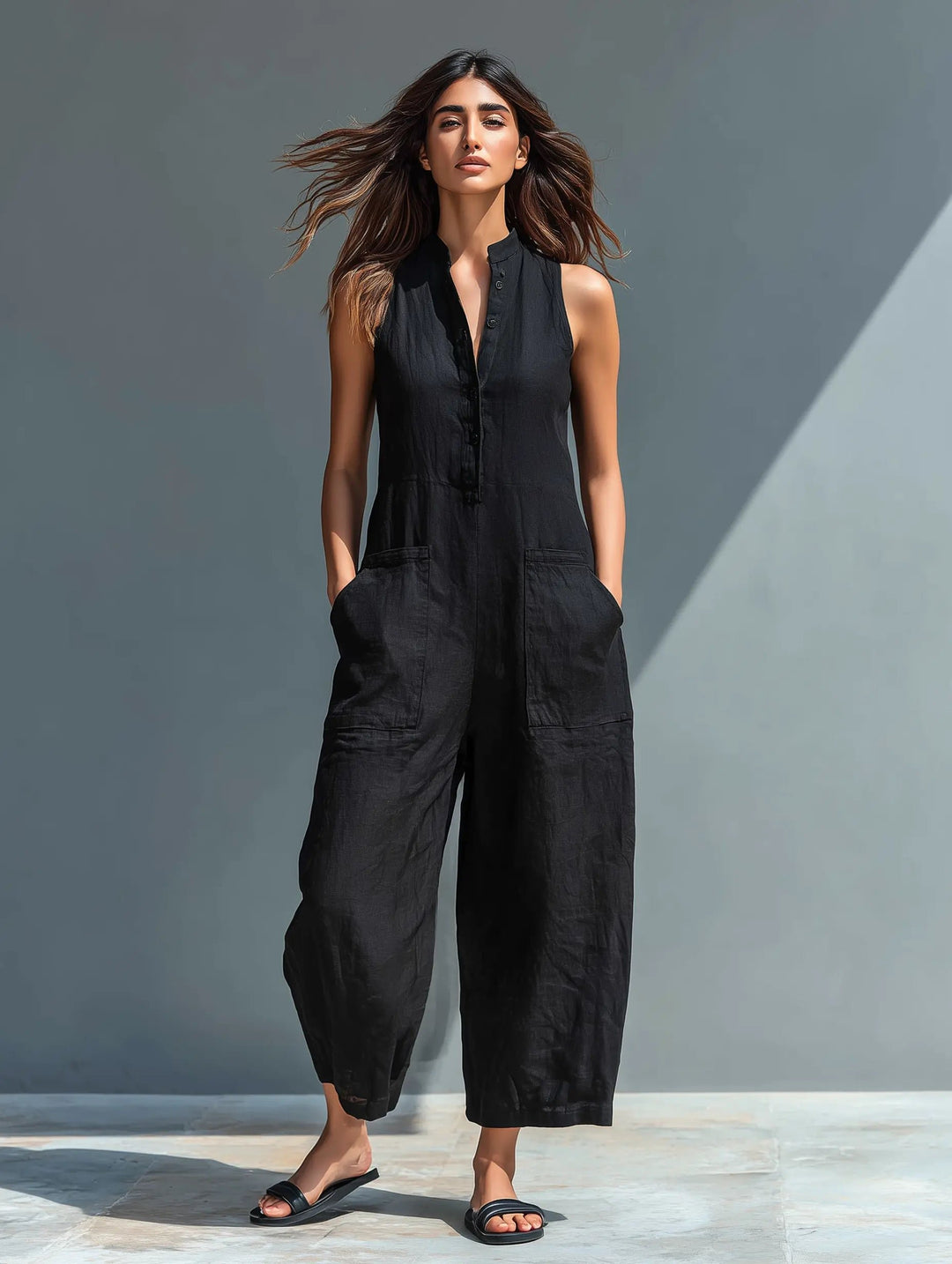 Dame Linen Ærmeløs Button-Up Jumpsuit med Stående Krave