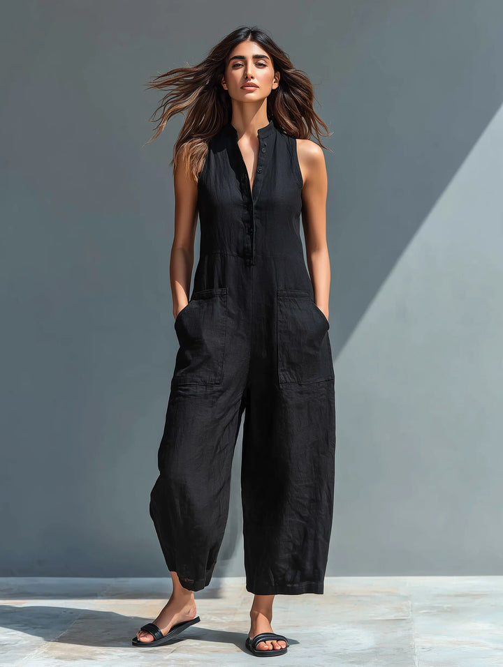 Dame Linen Ærmeløs Button-Up Jumpsuit med Stående Krave