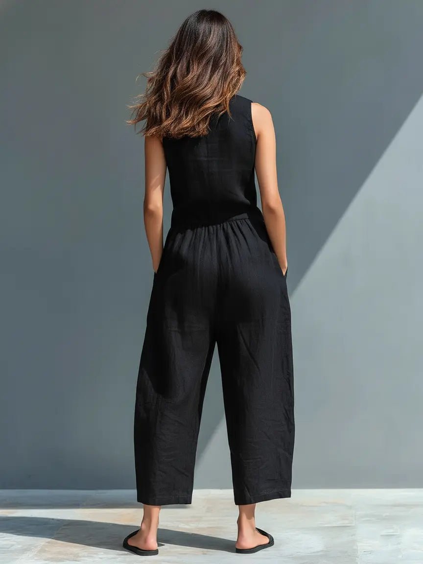 Dame Linen Ærmeløs Button-Up Jumpsuit med Stående Krave