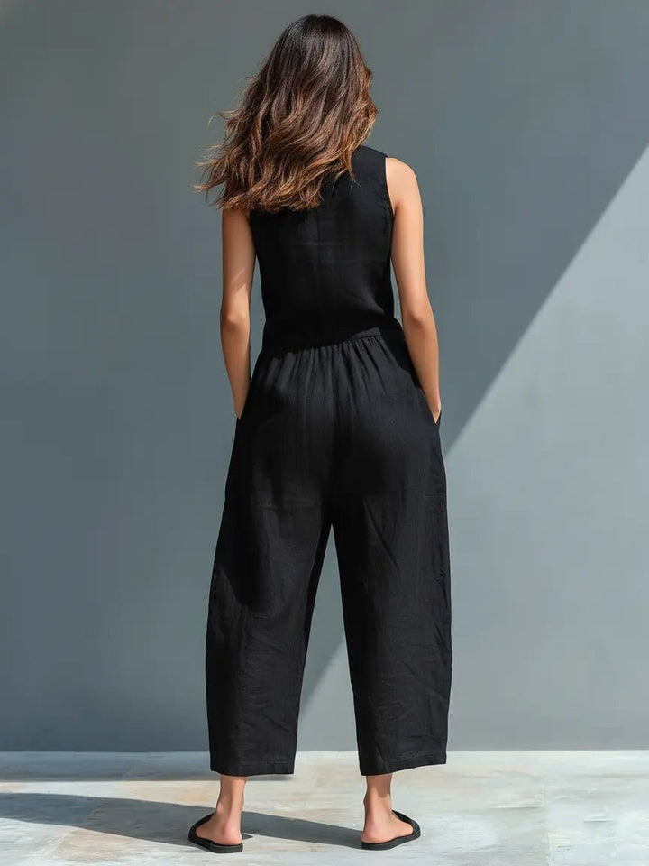 Dame Linen Ærmeløs Button-Up Jumpsuit med Stående Krave