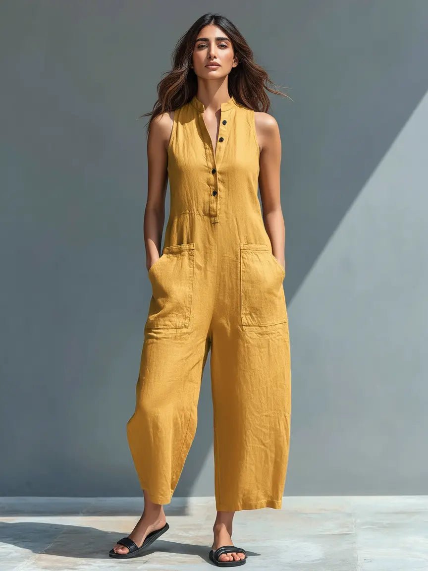 Dame Linen Ærmeløs Button-Up Jumpsuit med Stående Krave - Yellow
