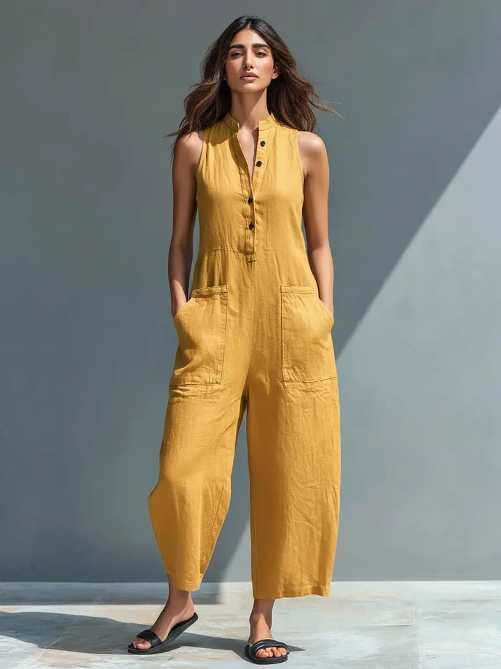 Dame Linen Ærmeløs Button-Up Jumpsuit med Stående Krave - Yellow