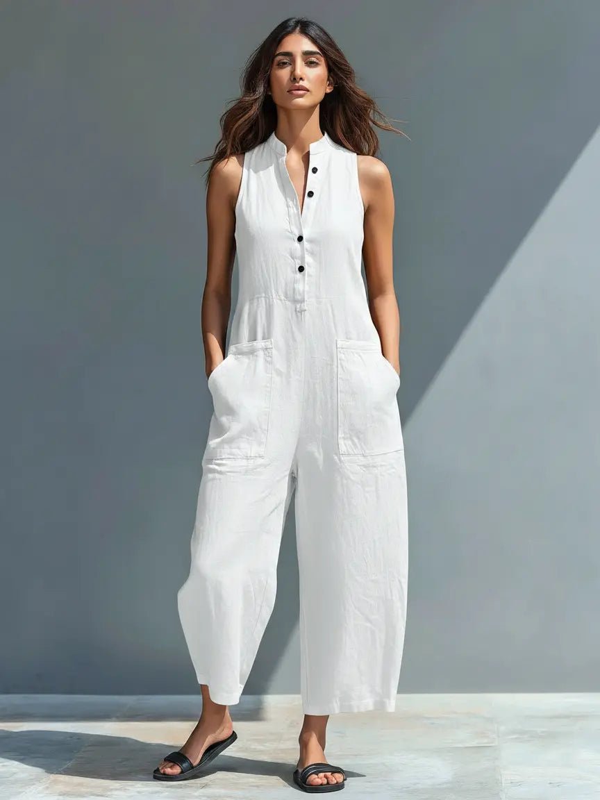 Dame Linen Ærmeløs Button-Up Jumpsuit med Stående Krave - White