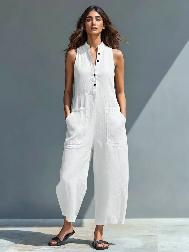 Dame Linen Ærmeløs Button-Up Jumpsuit med Stående Krave - White
