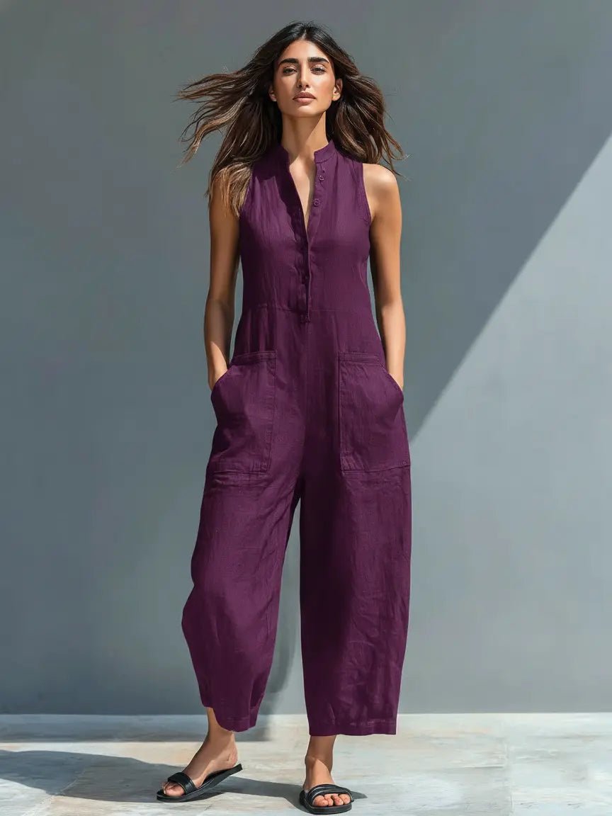 Dame Linen Ærmeløs Button-Up Jumpsuit med Stående Krave - Purple