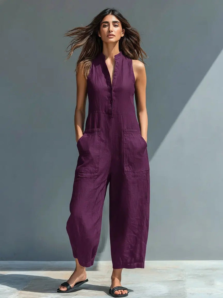 Dame Linen Ærmeløs Button-Up Jumpsuit med Stående Krave - Purple
