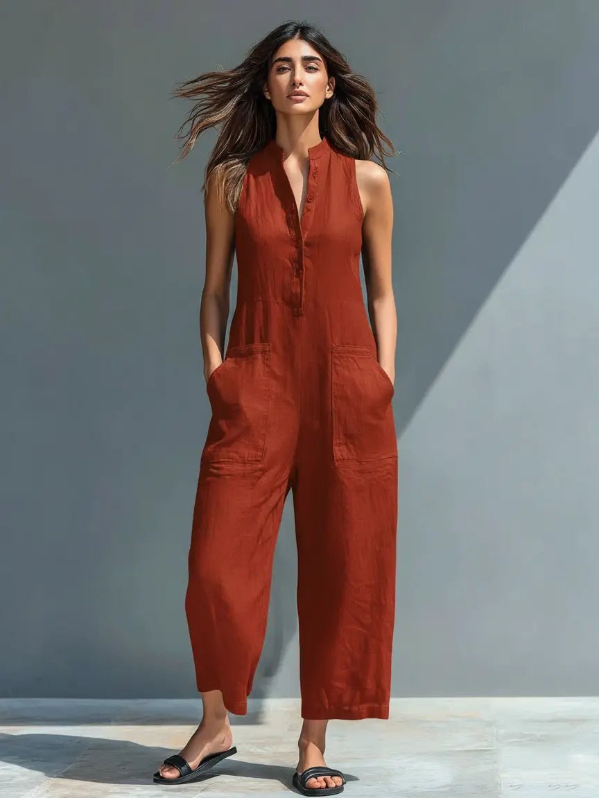 Dame Linen Ærmeløs Button-Up Jumpsuit med Stående Krave - Rust Red