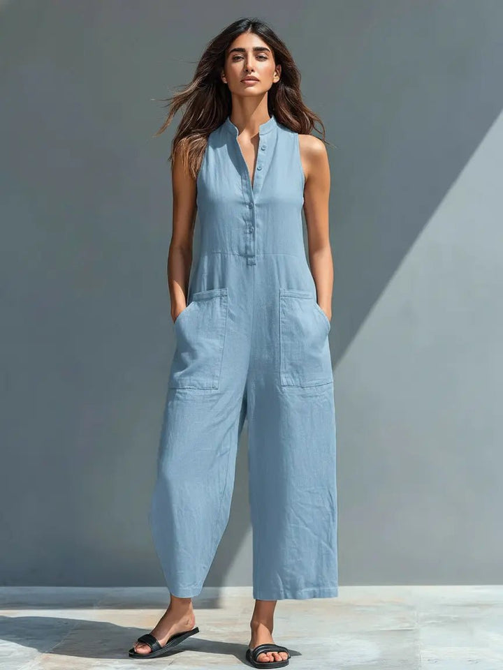 Dame Linen Ærmeløs Button-Up Jumpsuit med Stående Krave - Blue