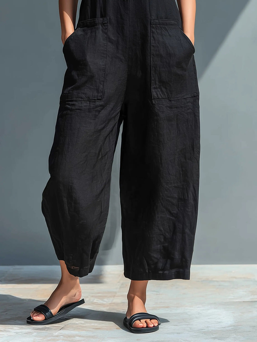 Dame Linen Ærmeløs Button-Up Jumpsuit med Stående Krave