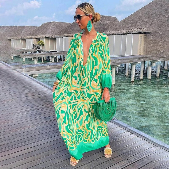 Dame Løs Kaftan Maxi Kjole Abstrakt Print - Green