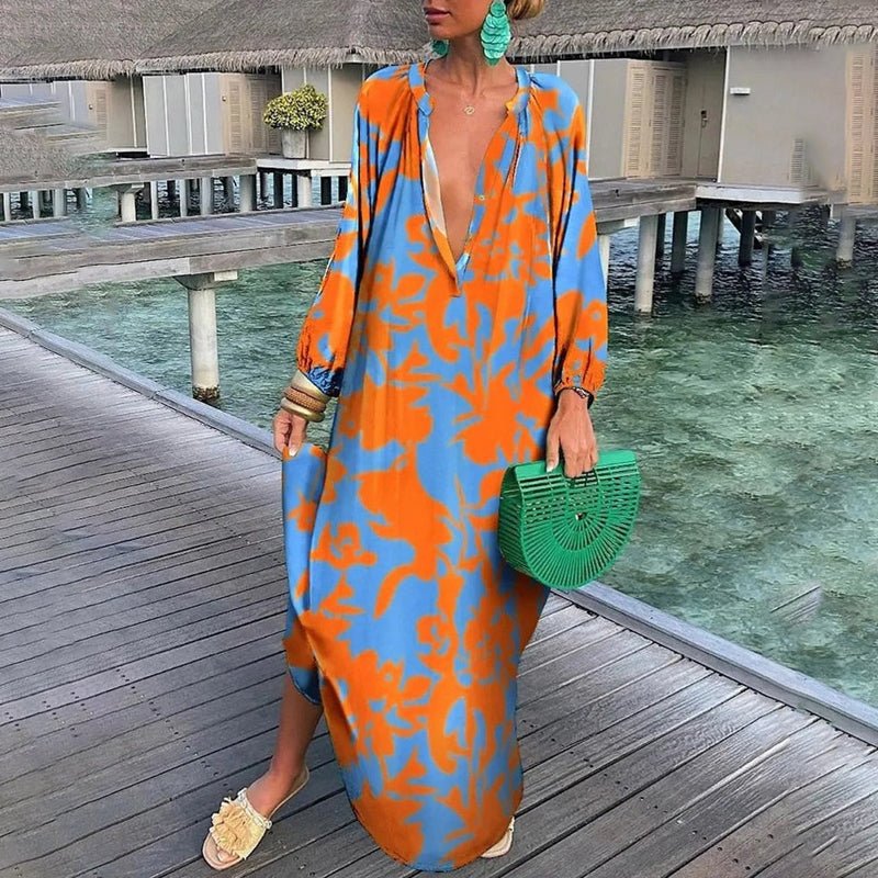 Dame Løs Kaftan Maxi Kjole Abstrakt Print - Orange