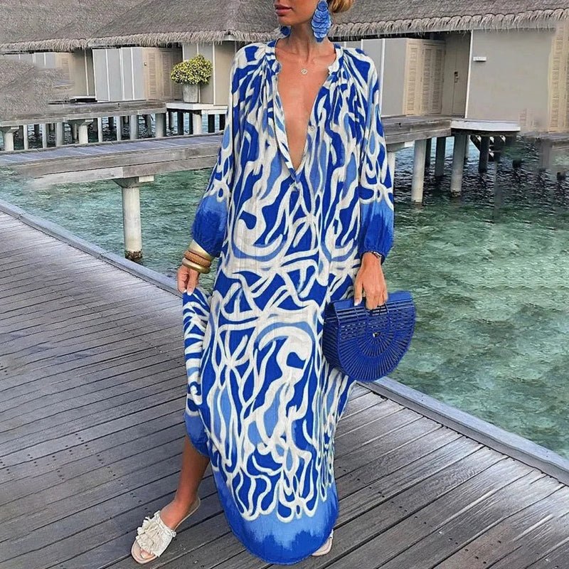 Dame Løs Kaftan Maxi Kjole Abstrakt Print - Blue