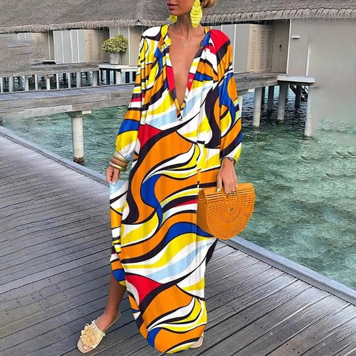 Dame Løs Kaftan Maxi Kjole Abstrakt Print