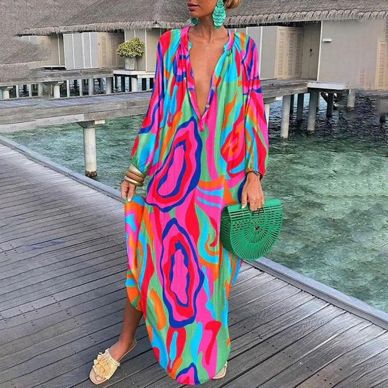 Dame Løs Kaftan Maxi Kjole Abstrakt Print - Pink