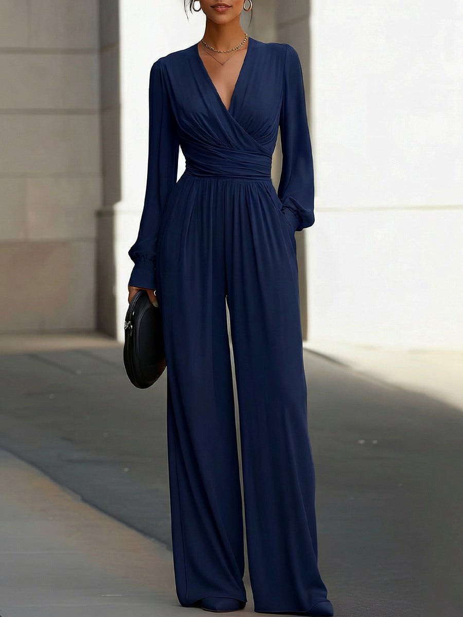Dame Marineblå V-hals Lang Ærme Vid-ben Jumpsuit - Navy Blue