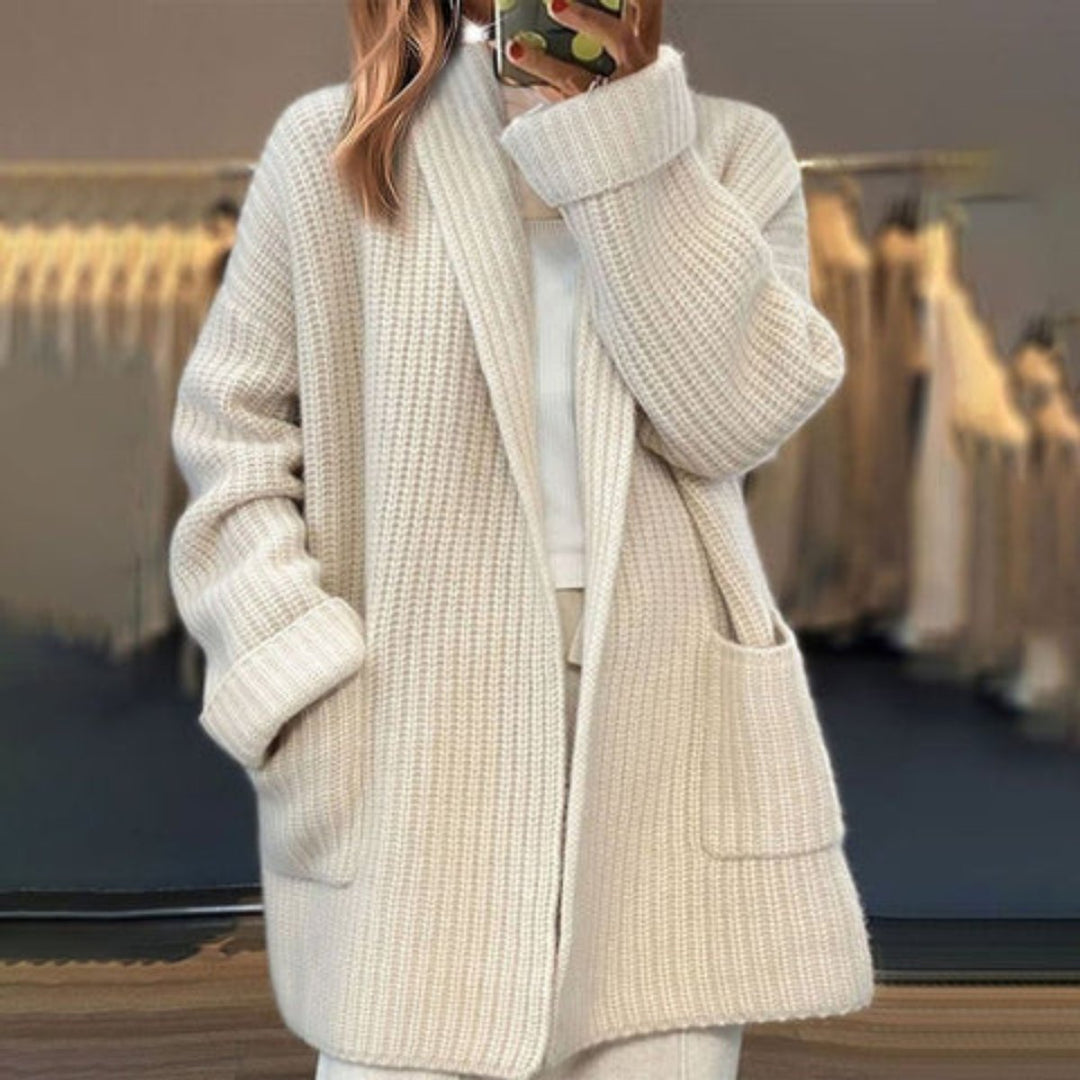 Dame Oversize Strikket Cardigan Løst Snit Lommer