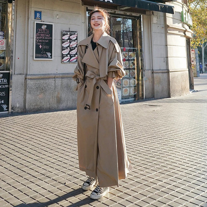 Dame Oversized Dobbeltknappet Maxi Trench Coat - Khaki