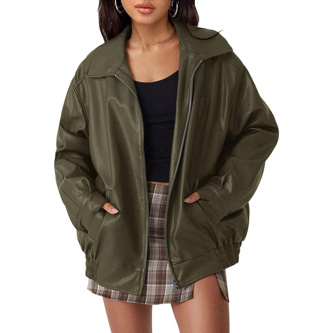 Dame Oversized Faux Leather Jacket Lynlås Bomber - Olivengrøn