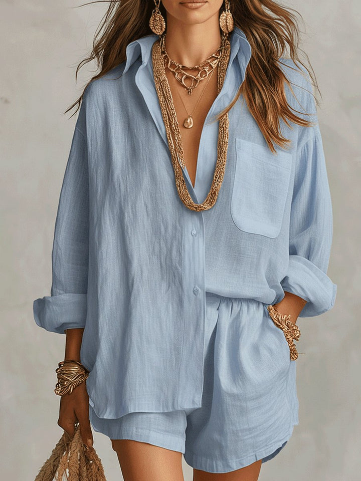 Dame Oversized Hørskjorte Shorts Sæt - Blue