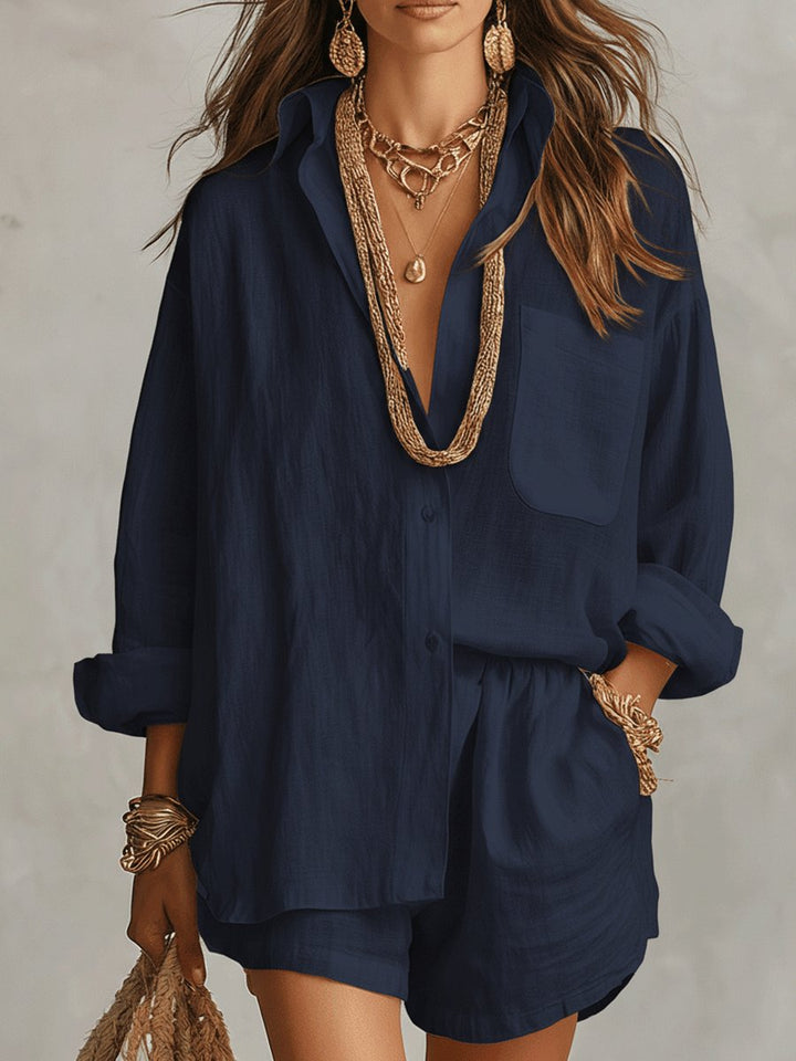 Dame Oversized Hørskjorte Shorts Sæt - Dark Blue