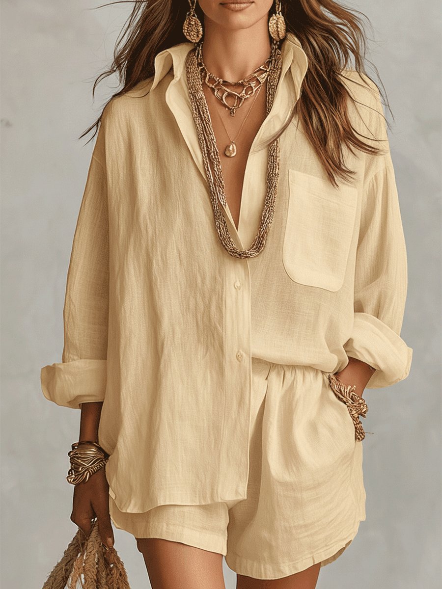 Dame Oversized Hørskjorte Shorts Sæt - Yellow