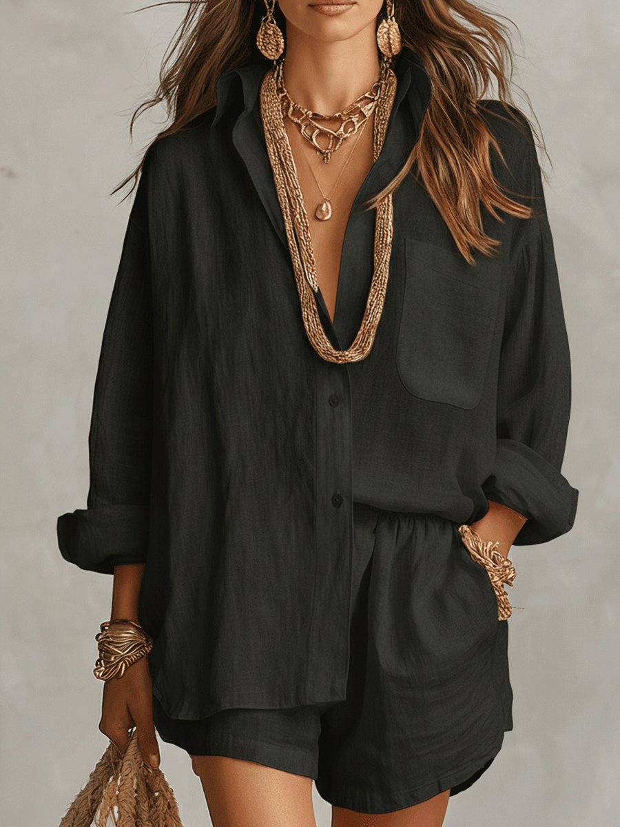 Dame Oversized Hørskjorte Shorts Sæt - Black