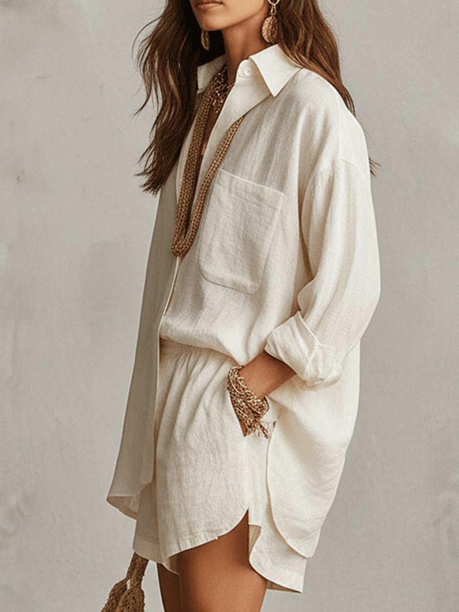 Dame Oversized Hørskjorte Shorts Sæt
