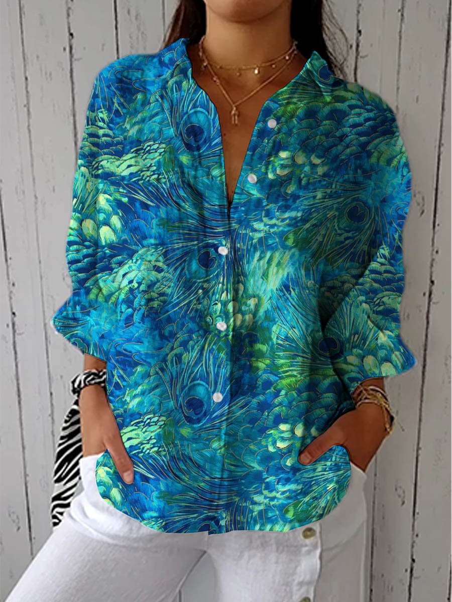 Dame Peacock-Print Knap-Front Bluse - Multicolor