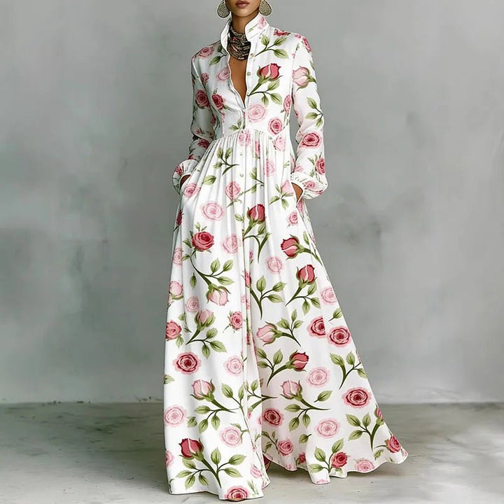 Dame Retro Mønster Højtalje Plisseret Maxikjole Skjortekrave - Rose Print