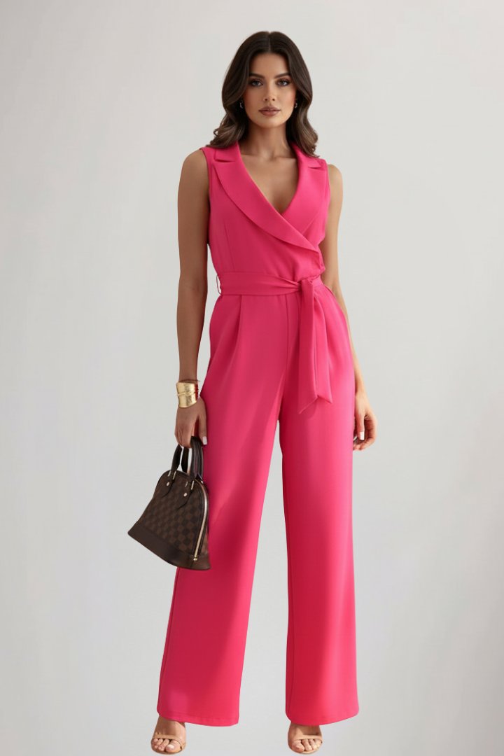Dame Ærmeløs Blazer-Krave Bælte Jumpsuit med Brede Ben - Fuchsia Pink